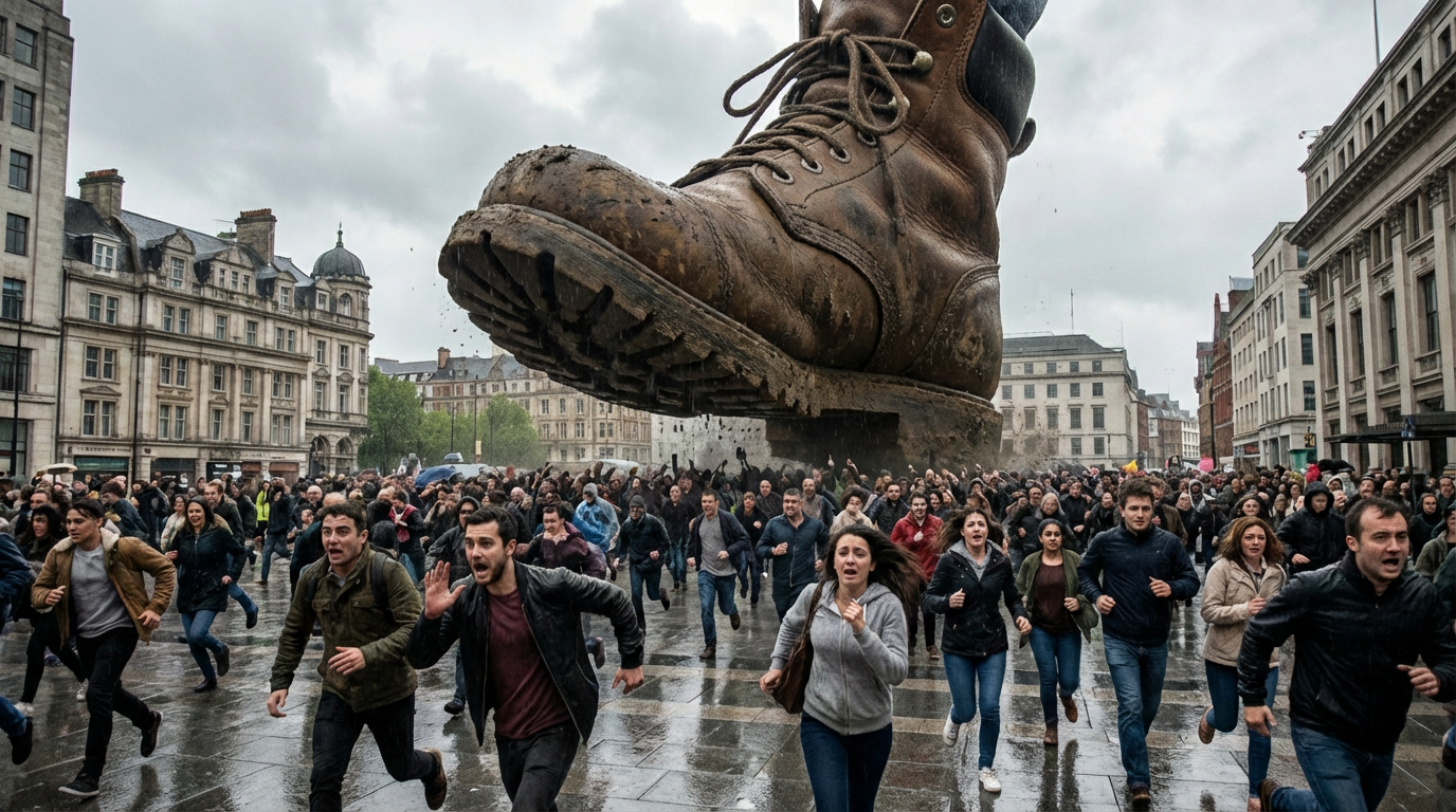Panicked crowd fleeing from a giant muddy work boot descending on a city square.