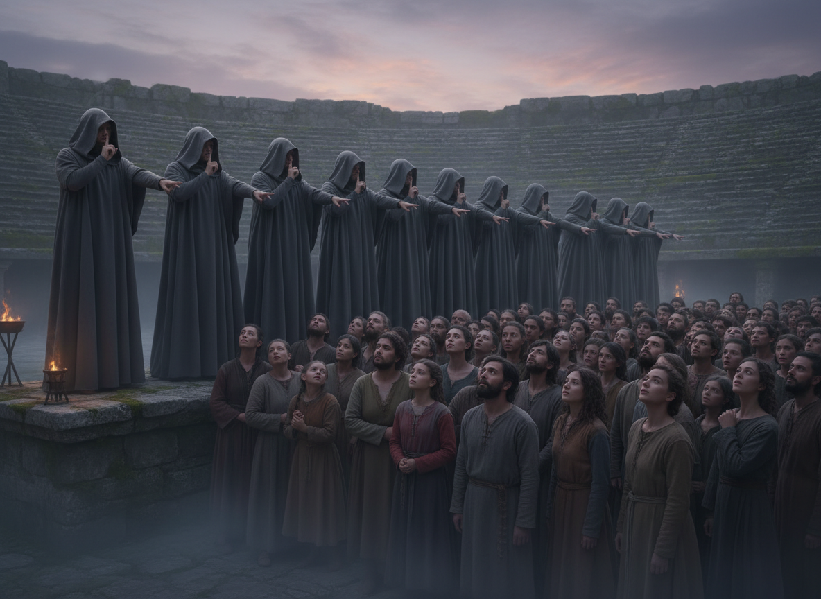 Hooded figures in grey robes gesture for silence before a large crowd in an amphitheater.