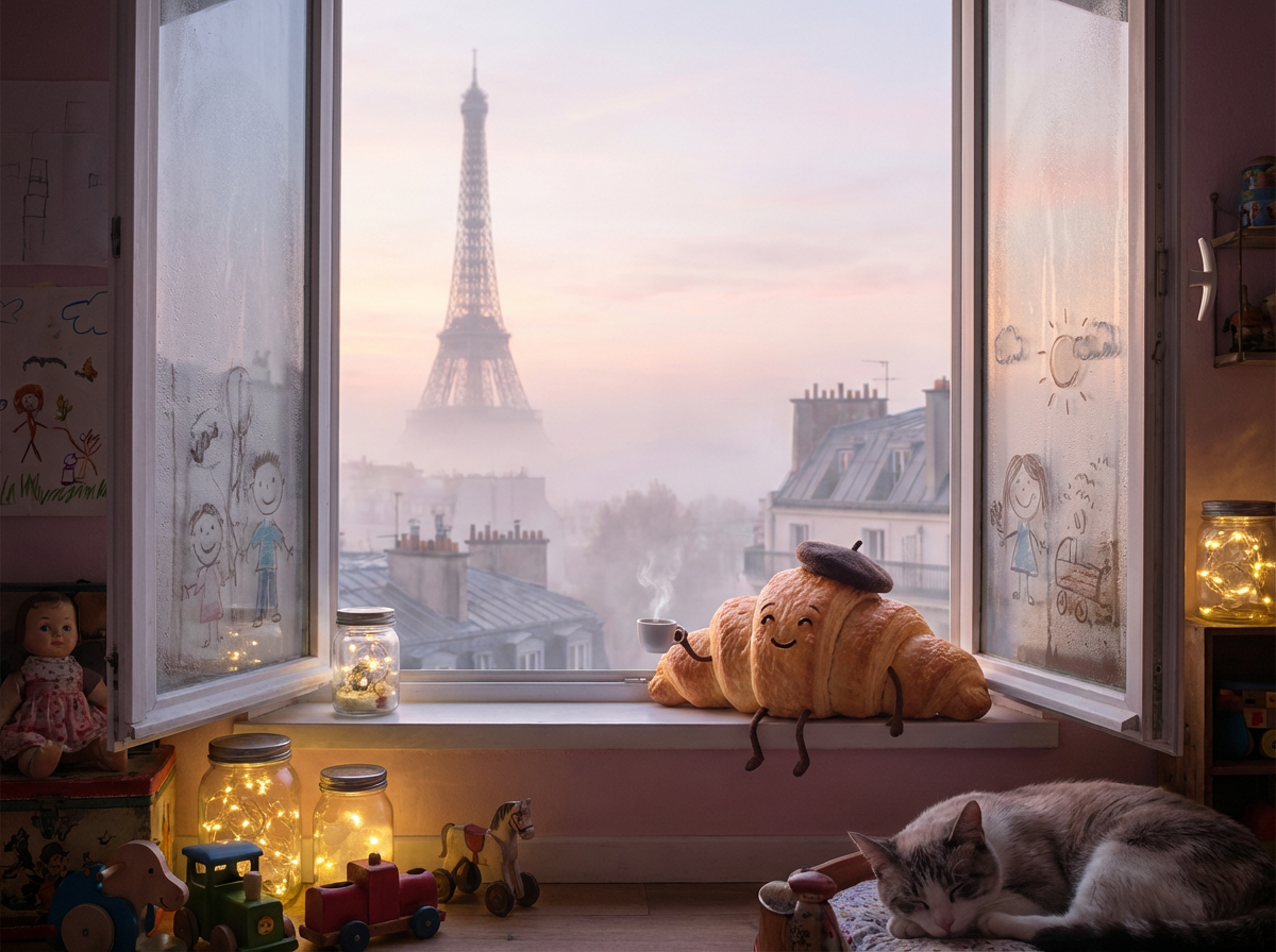 Animated croissant holding coffee near open window with Eiffel Tower and sleeping cat