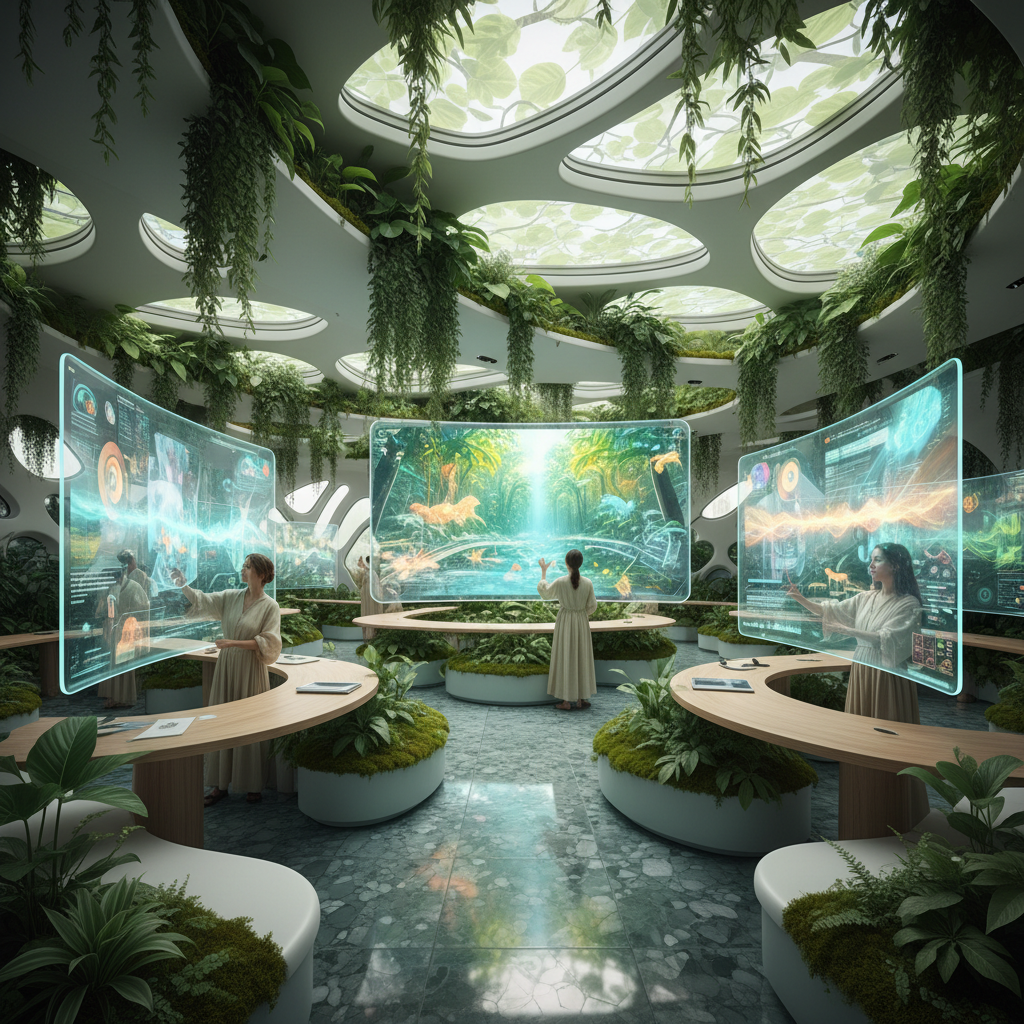 Scientists using holographic screens in a plant-filled futuristic laboratory with circular skylights