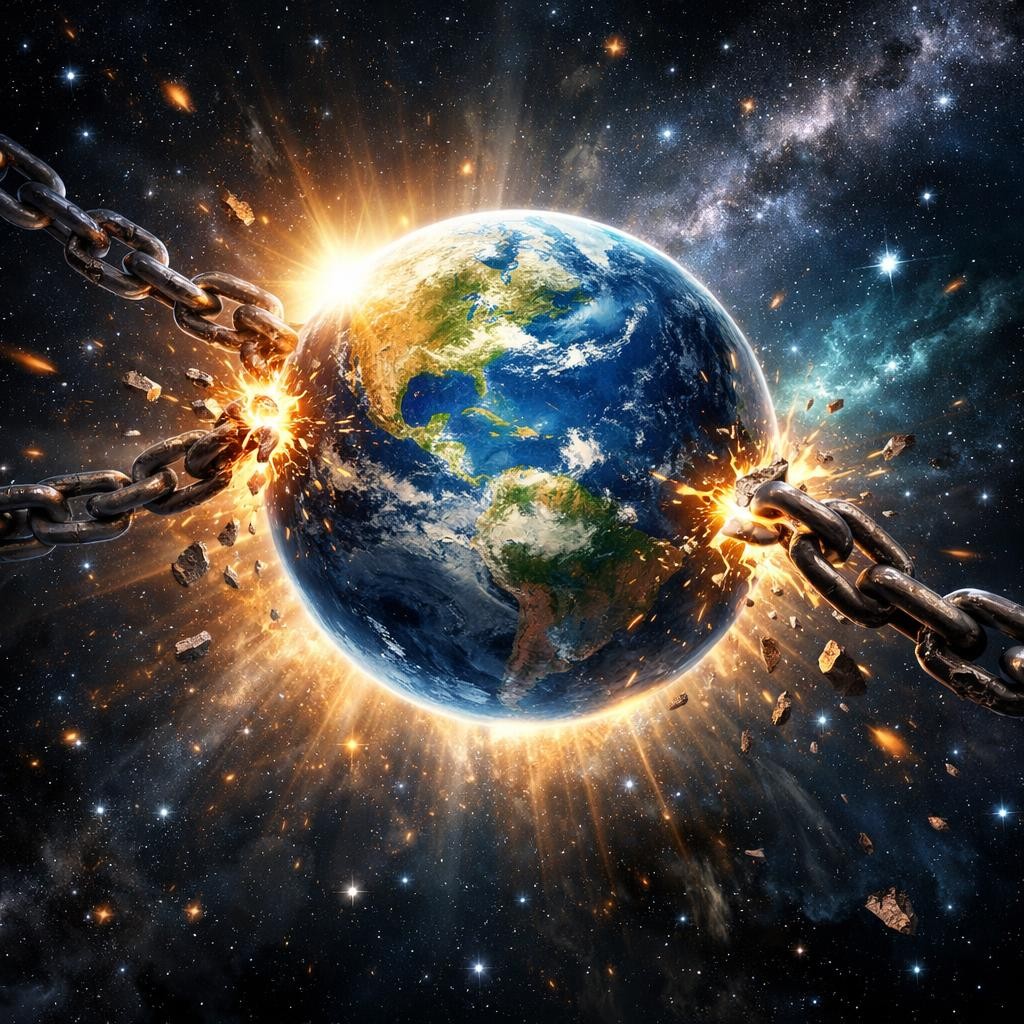 Earth in space with chains breaking apart and glowing sparks
