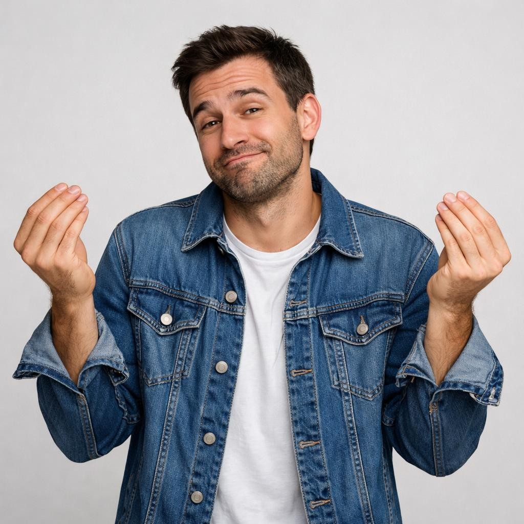 Man in denim jacket and white shirt shrugging with hands up and smirking
