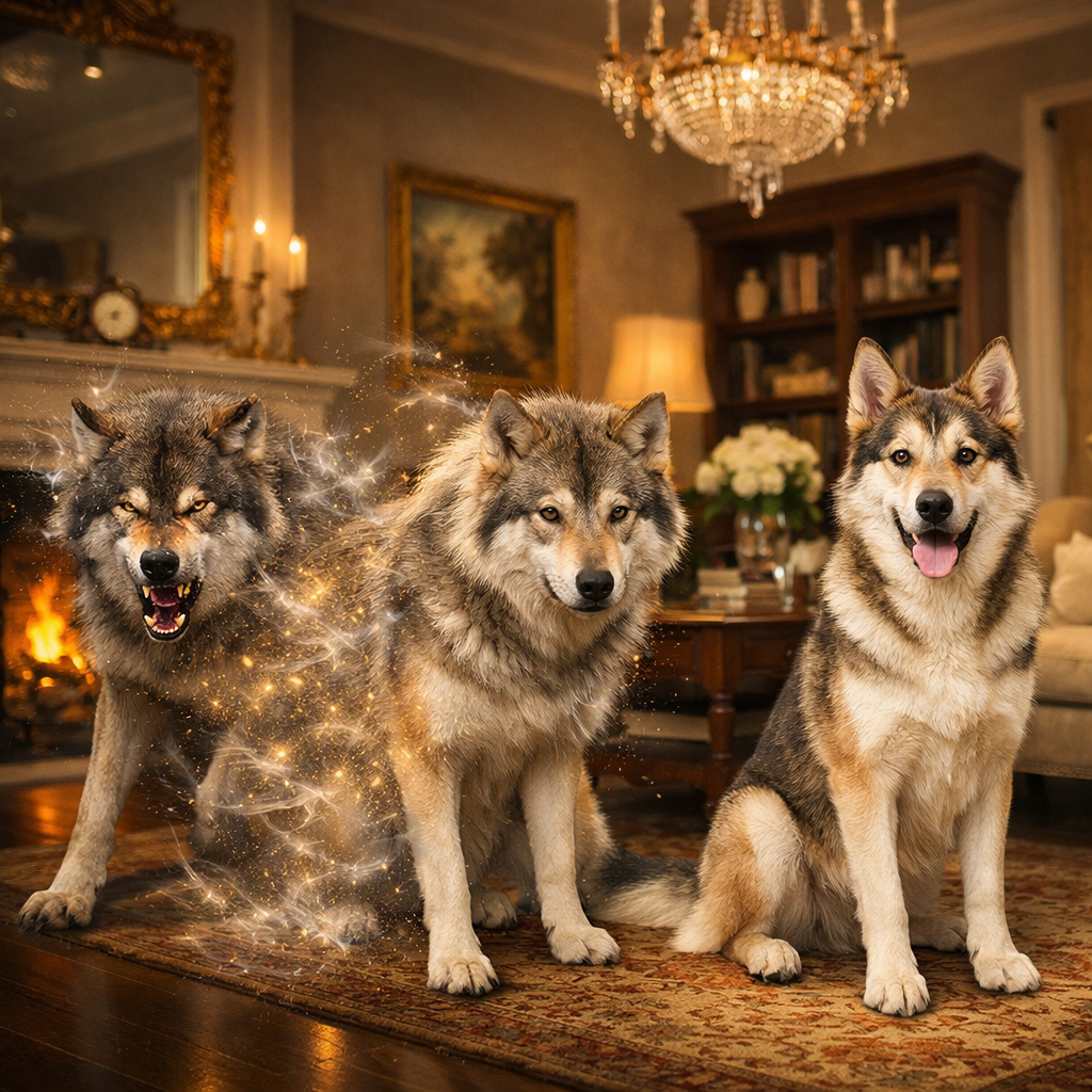 Three animals in a living room: a snarling wolf on the left, a partially transformed wolf-dog hybrid in the middle, and a happy domestic dog on the right