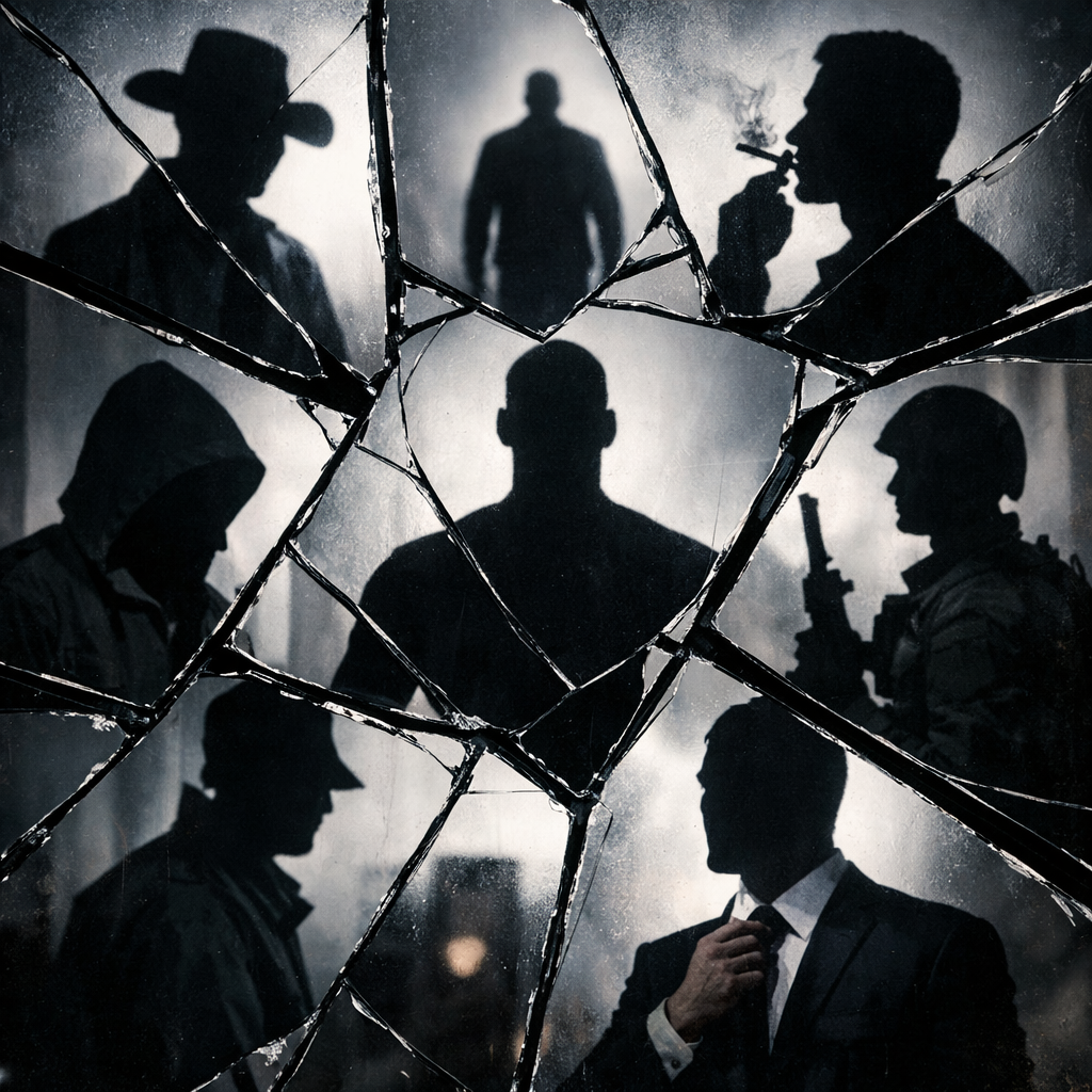 Silhouettes of different individuals behind broken glass shards