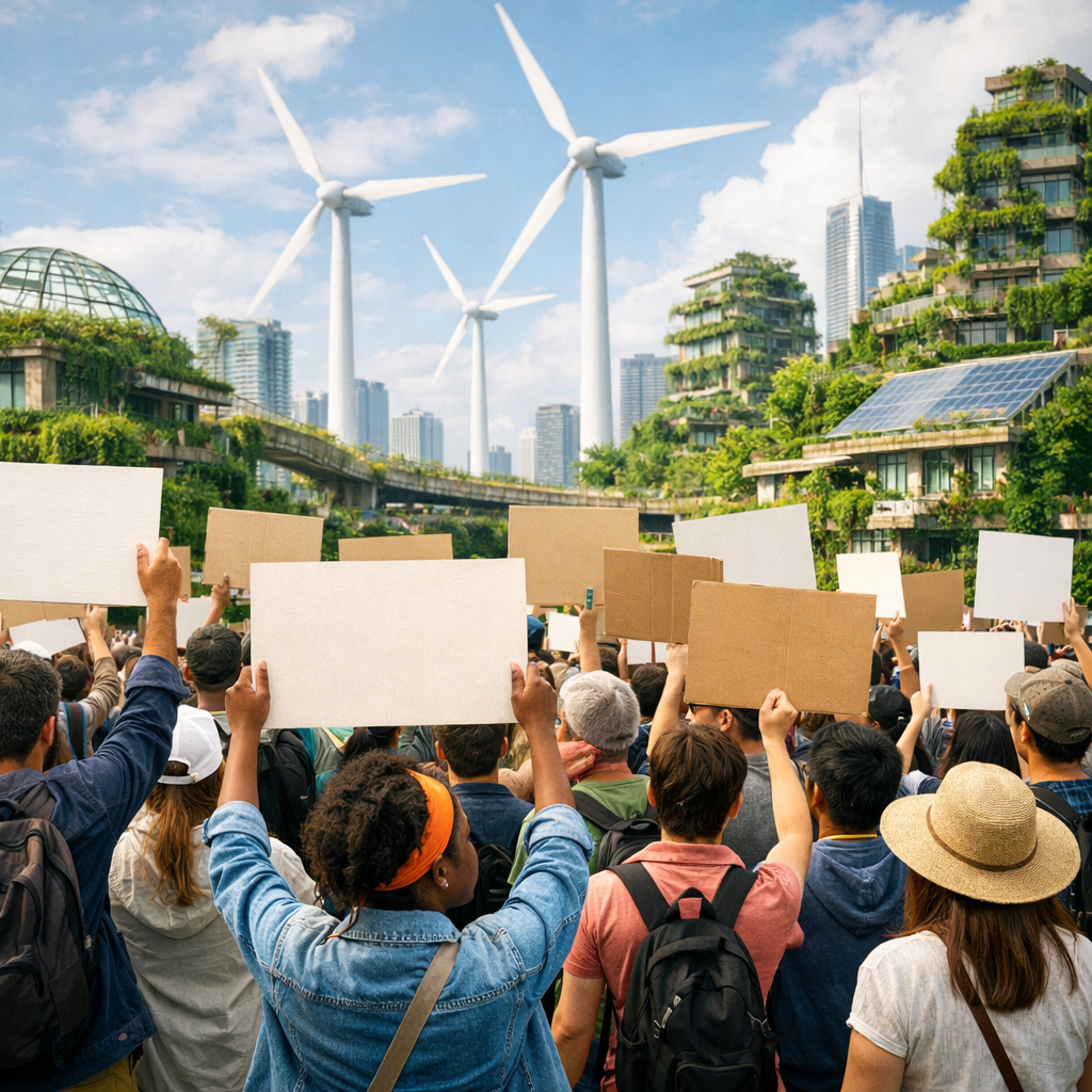 Crowd holding blank protest signs in a city with wind turbines and green buildings