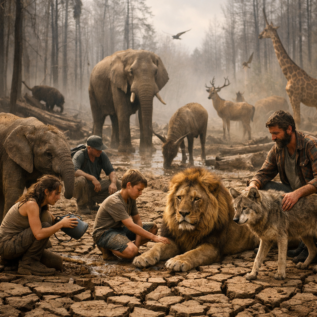 People sitting and interacting calmly with various animals including a lion, elephant, wolf, giraffe, and deer in a cracked earth forest clearing.