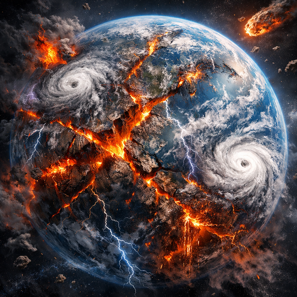 Earth with massive cracks glowing with lava, hurricanes, lightning, and asteroids