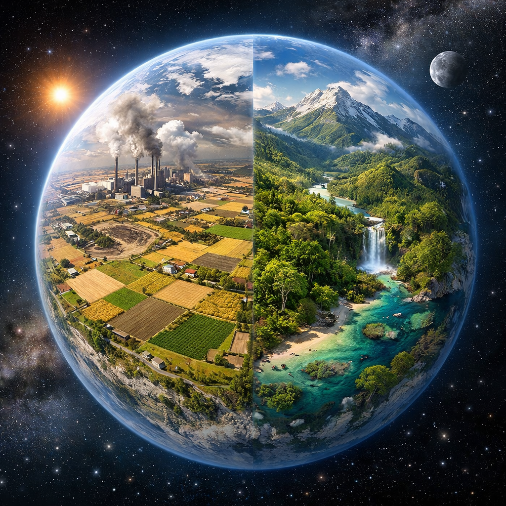 Earth split in half showing industrial pollution with smoke on one side and lush mountains with waterfall and forest on the other