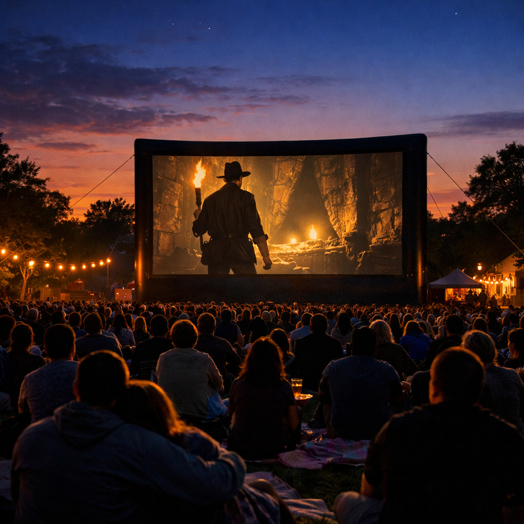 People sitting on blankets watching a movie on a large outdoor screen at dusk