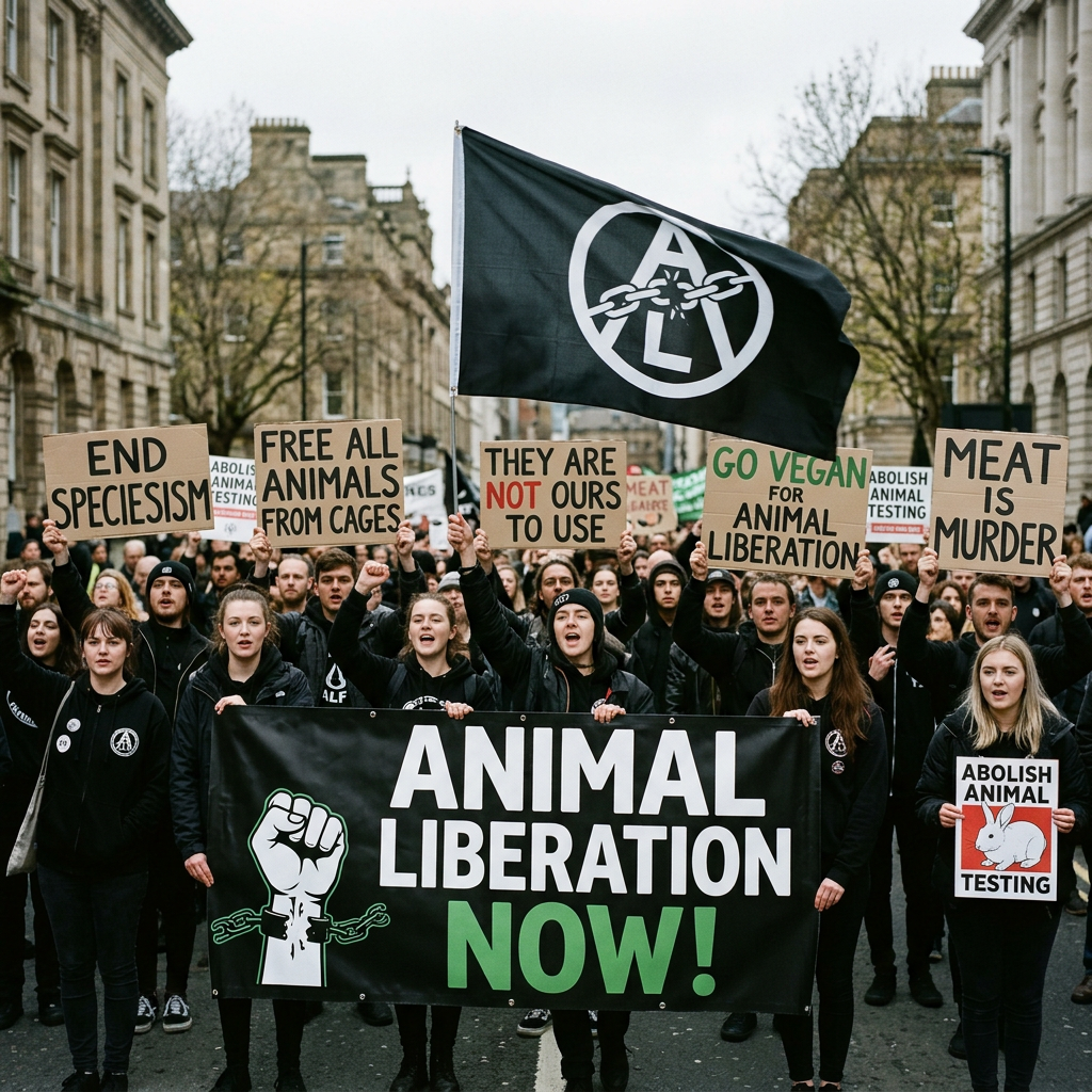 Group of protesters holding signs advocating animal liberation and veganism