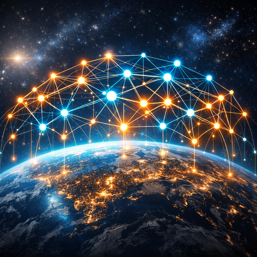 Digital network nodes connected by lines forming a dome over illuminated Earth at night from space