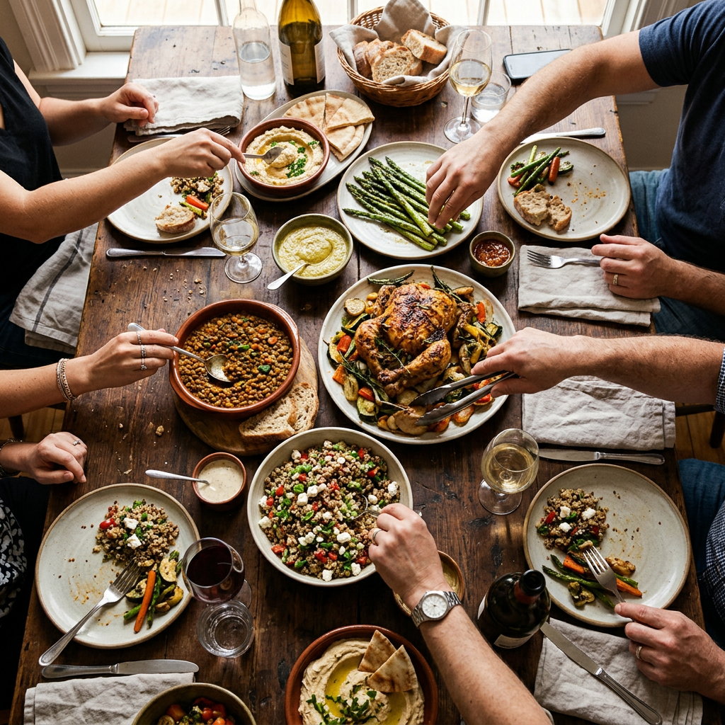 People sharing a meal with roasted chicken, vegetables, salad, and bread on a wooden table