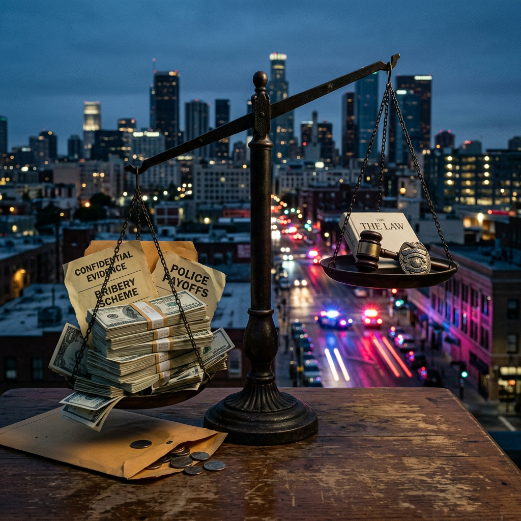 Balance scale with money and envelopes labeled bribery and police payoffs on one side and a law book, gavel, and police badge on the other