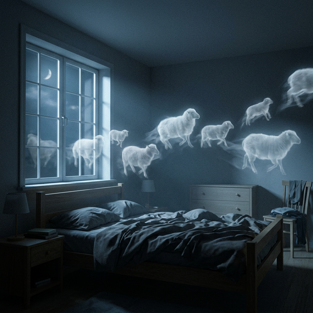 Ghostly translucent sheep jumping in a dark bedroom interior with a bed and moonlit window.
